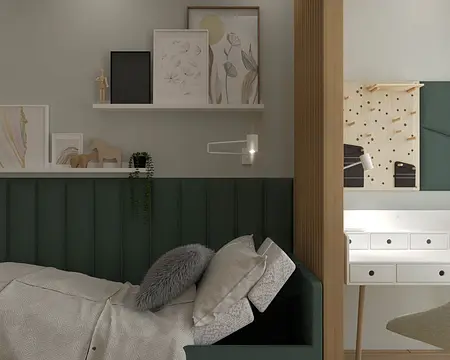 Wnętrze sypialni w stylu boho i skandynawskim z biurkiem