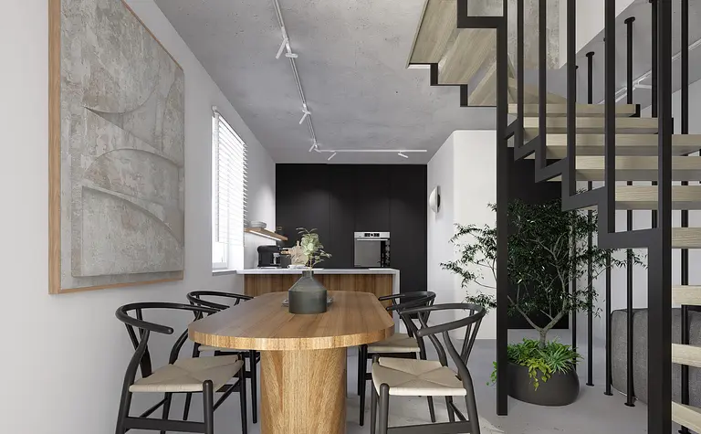 Jadalnia w stylu industrialnym i minimalistycznym z drewnianym stołem i czarnymi detalami.