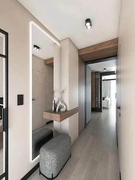 Przedpokój z nowoczesnym oświetleniem i drewnianymi detalami, styl industrialny i współczesny.