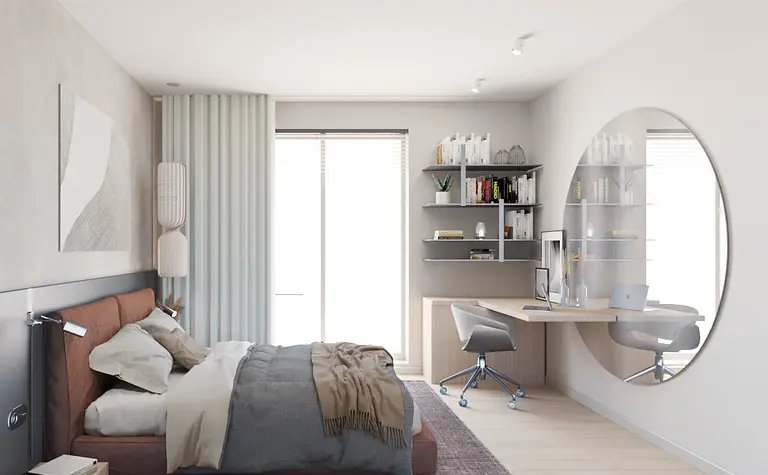 Sypialnia z nowoczesnym biurkiem i brązowym łóżkiem, współczesny design.