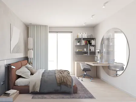 Sypialnia z nowoczesnym biurkiem i brązowym łóżkiem, współczesny design.