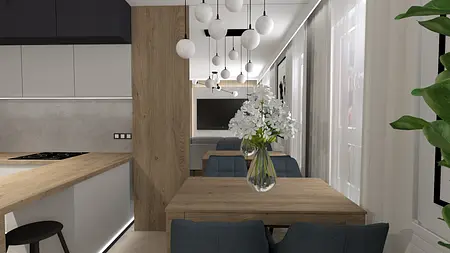 Wnętrze kuchni w stylu industrialnym z drewnianym blatem i nowoczesnymi akcentami.