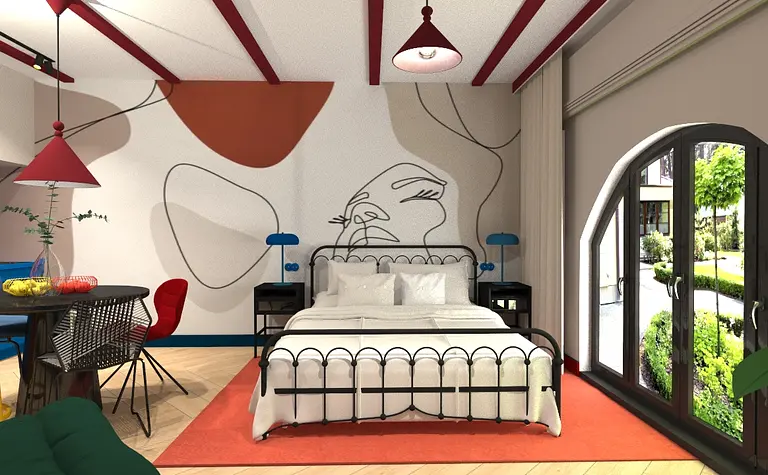Wnętrze sypialni z łóżkiem, kolorowymi lampami i dekoracyjną ścianą w stylu art deco i nowoczesnym.