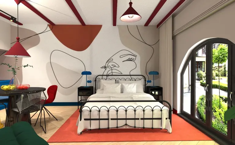 Wnętrze sypialni z łóżkiem, kolorowymi lampami i dekoracyjną ścianą w stylu art deco i nowoczesnym.