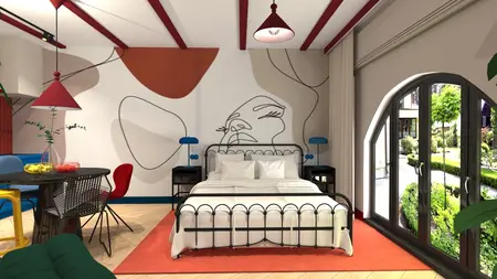 Wnętrze sypialni z łóżkiem, kolorowymi lampami i dekoracyjną ścianą w stylu art deco i nowoczesnym.