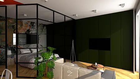 Wnętrze salonu z zieloną ścianą, minimalistycznymi meblami i roślinnością, styl industrialny i rustykalny.