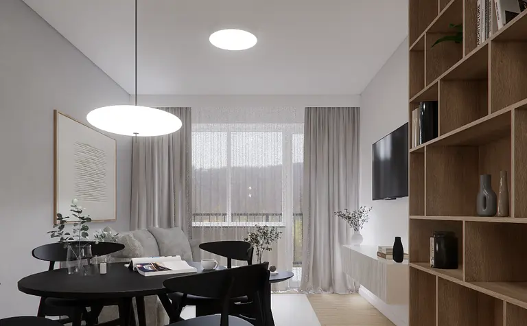 Wnętrze salonu z minimalistycznym stylem, szare ściany, drewniane meble