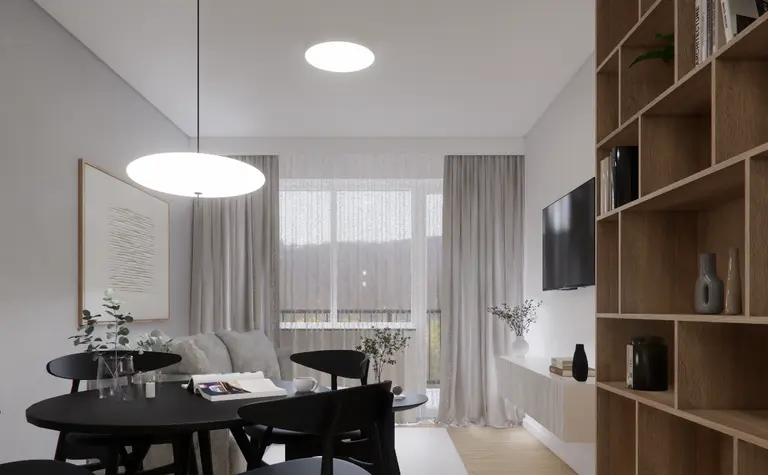 Wnętrze salonu z minimalistycznym stylem, szare ściany, drewniane meble