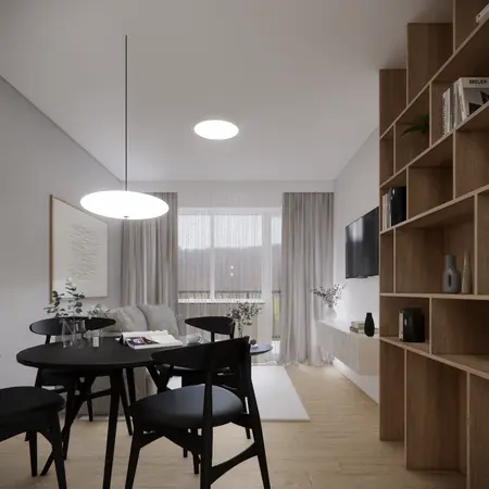 Wnętrze salonu z minimalistycznym stylem, szare ściany, drewniane meble