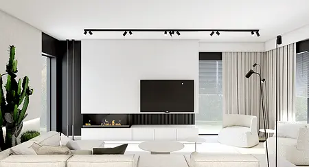 Wnętrze salonu w stylu minimalistycznym i skandynawskim z jasnymi meblami.