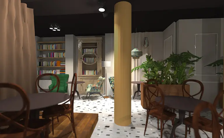 Eklektyczne wnętrze z zielonymi akcentami, drewnianymi meblami i roślinami.