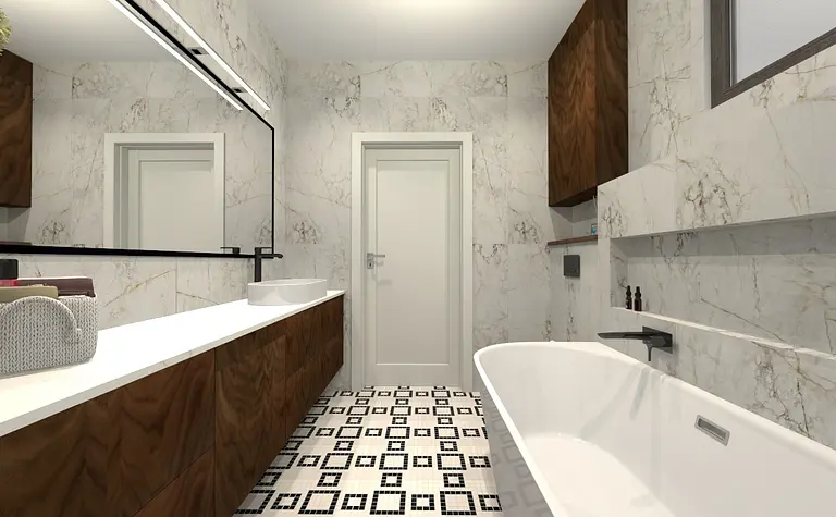 Współczesna łazienka z drewnianymi meblami, wanną i marmurowymi ścianami.