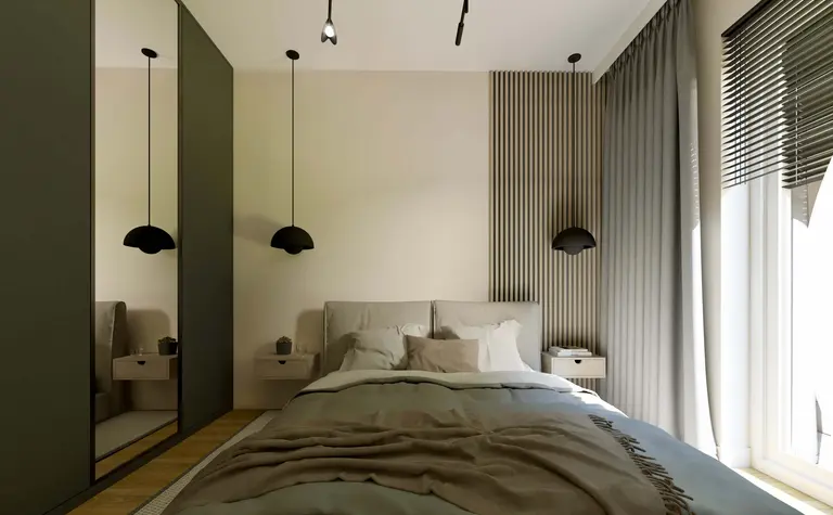 Wnętrze sypialni w stylu boho i japandi z minimalistycznym wystrojem.
