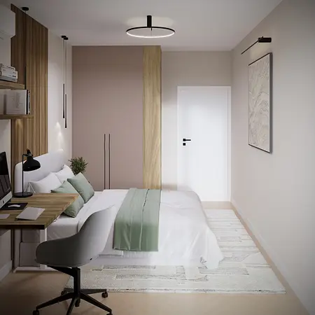 Wnętrze sypialni w stylu eklektycznym i minimalistycznym z jasnymi ścianami i drewnem.