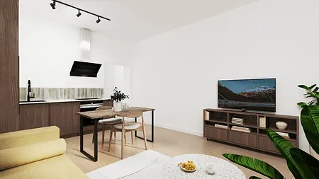 Stylowe wnętrze w stylu boho i minimalistycznym z drewnianym stołem.