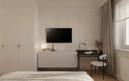 Wnętrze sypialni w stylu eklektycznym z nowoczesnym biurkiem i elementami quiet luxury