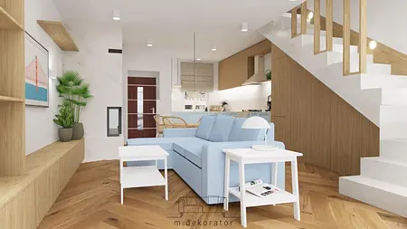 Wnętrze salonu w stylu boho, rustykalnym i skandynawskim z niebieską sofą