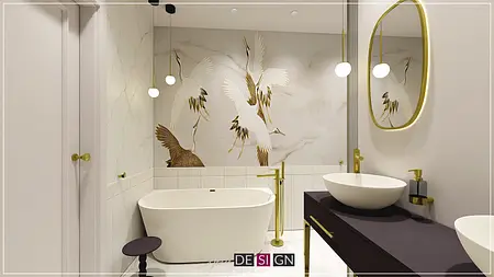 Elegancka łazienka z wanną, złotymi detalami i muralem w stylu art deco.