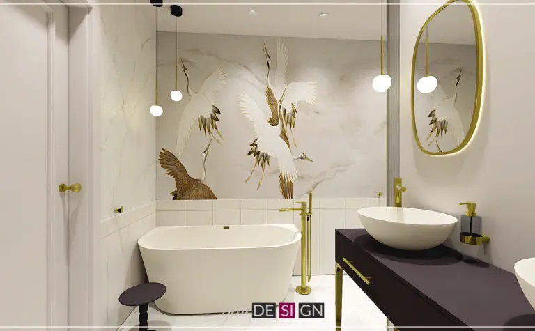 Elegancka łazienka z wanną, złotymi detalami i muralem w stylu art deco.