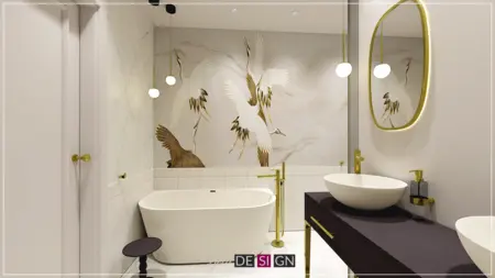 Elegancka łazienka z wanną, złotymi detalami i muralem w stylu art deco.