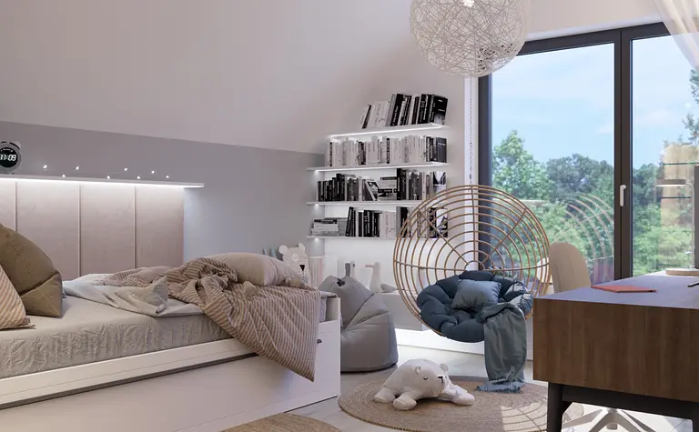 Wnętrze pokoju dziecięcego w stylu boho i skandynawskim z książkami i wygodnym fotelem.