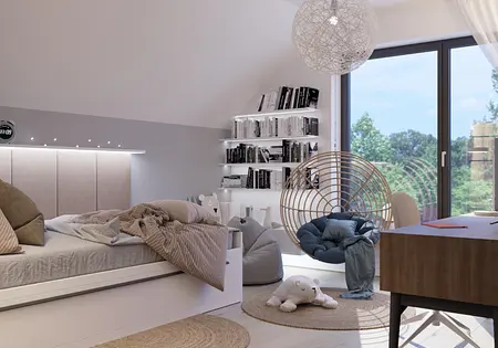 Wnętrze pokoju dziecięcego w stylu boho i skandynawskim z książkami i wygodnym fotelem.