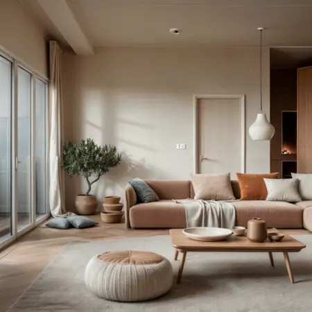 Wnętrze salonu w stylu boho, minimalistycznym i vintage z różowymi dodatkami.
