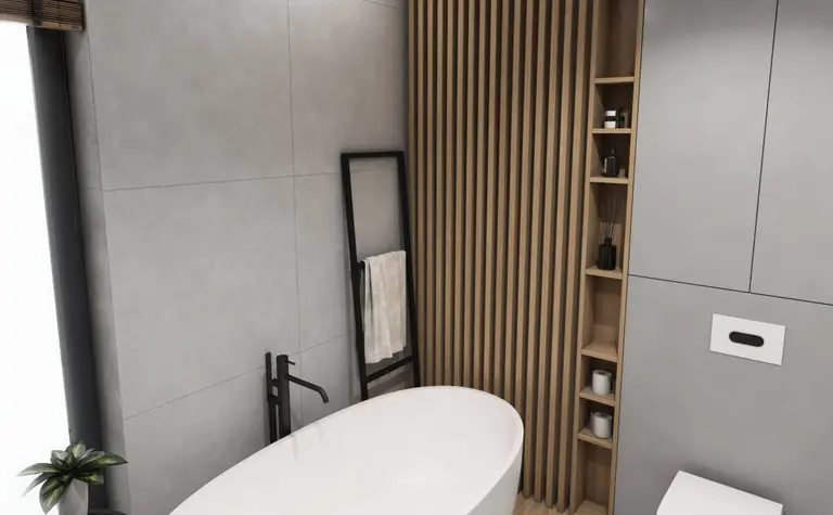 Nowoczesna łazienka z wanną, drewnianymi detalami, minimalistycznym designem.