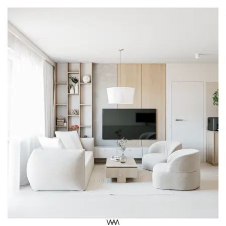 Wnętrze salonu w stylu japandi z minimalistycznym wystrojem i nowoczesnymi meblami.