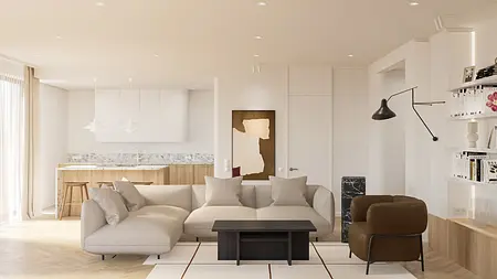 Wnętrze salonu z beżową sofą, drewnianym stołem oraz nowoczesnymi akcentami.