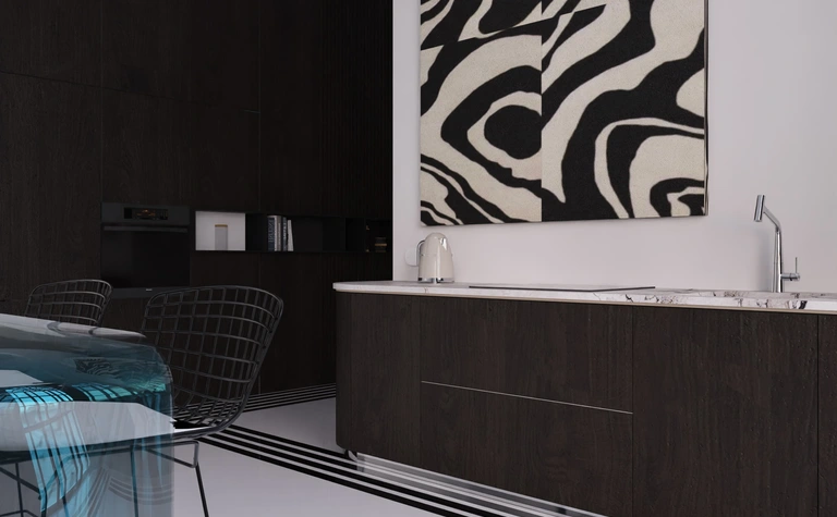 Wnętrze kuchni w stylu art deco i minimalistycznym z ciemnymi meblami.