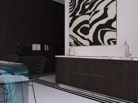 Wnętrze kuchni w stylu art deco i minimalistycznym z ciemnymi meblami.