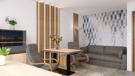 Wnętrze salonu w stylach eklektycznym, minimalistycznym i tradycyjnym, z drewnianymi detalami.