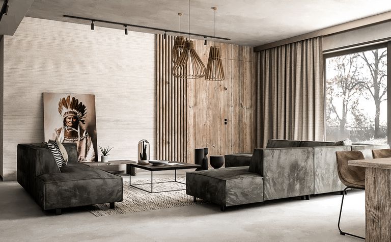 Nowoczesne wnętrze salonu z zielonymi sofami, drewnianymi detalami, w stylach industrialnym i minimalux.
