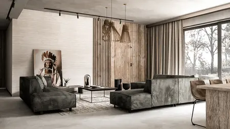 Nowoczesne wnętrze salonu z zielonymi sofami, drewnianymi detalami, w stylach industrialnym i minimalux.