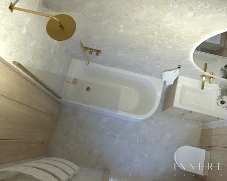 Wnętrze łazienki w stylu boho i japandi z wanną i złotymi akcentami.