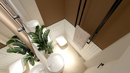 Wnętrze łazienki z elementami art deco, boho, eklektycznymi.