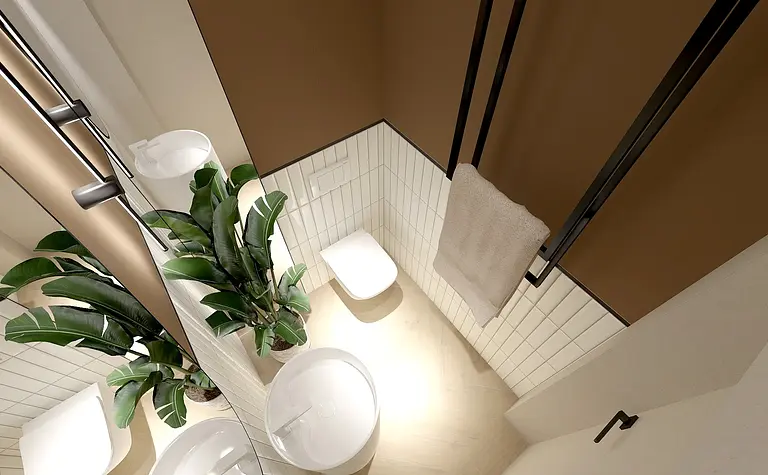 Wnętrze łazienki z elementami art deco, boho, eklektycznymi.