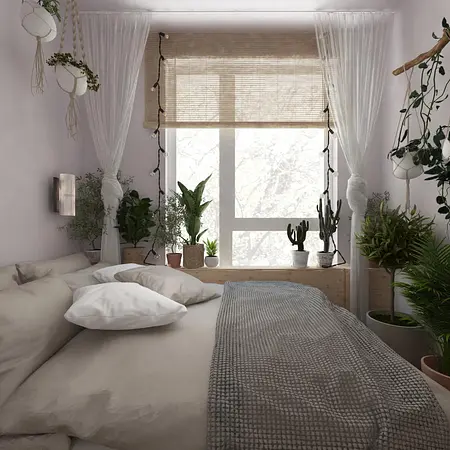 Sypialnia w stylu boho i japandi z roślinami i jasnymi dodatkami.