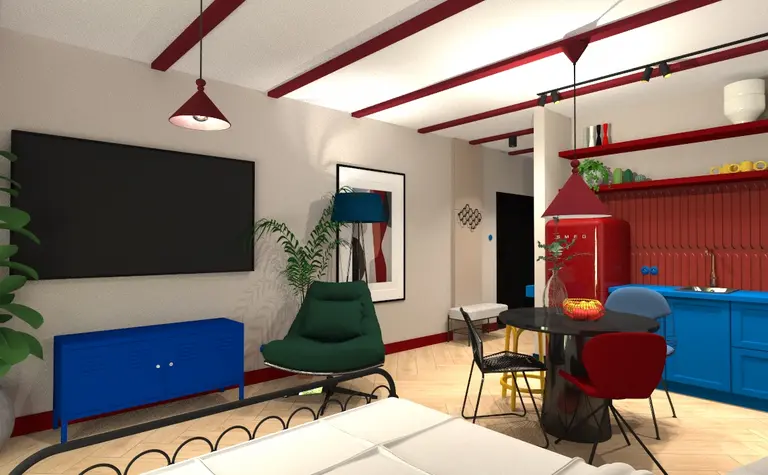 Wnętrze kuchni w stylu art deco i nowoczesnym z niebieskimi meblami.