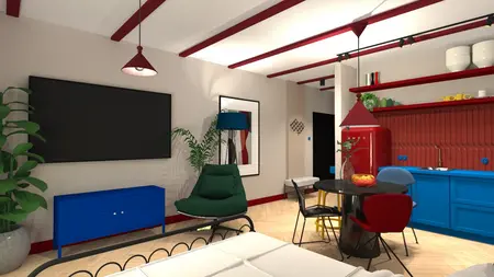 Wnętrze kuchni w stylu art deco i nowoczesnym z niebieskimi meblami.