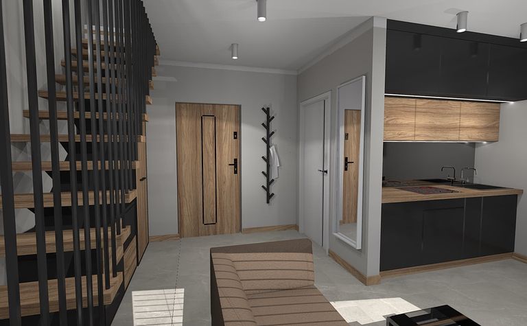 Wnętrze z nowoczesnym designem, drewniane schody, minimalistyczna kuchnia, industrialne elementy.