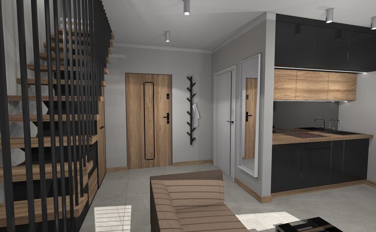Wnętrze z nowoczesnym designem, drewniane schody, minimalistyczna kuchnia, industrialne elementy.
