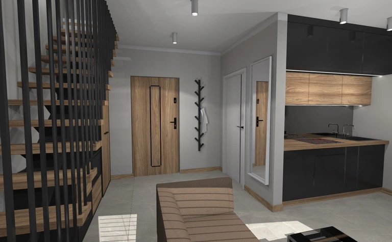 Wnętrze z nowoczesnym designem, drewniane schody, minimalistyczna kuchnia, industrialne elementy.