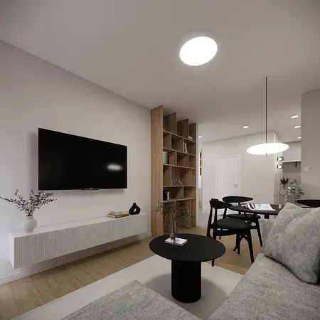 Wnętrze salonu w stylu minimalistycznym i nowoczesnym z szarymi meblami.