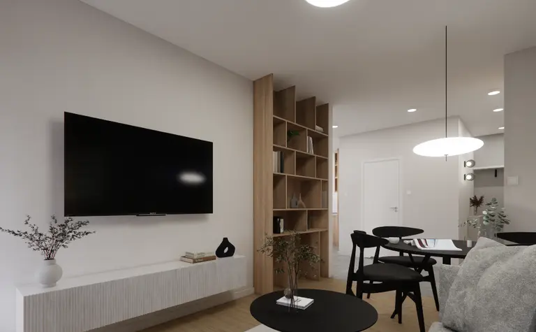 Wnętrze salonu w stylu minimalistycznym i nowoczesnym z szarymi meblami.