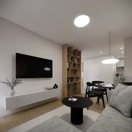 Wnętrze salonu w stylu minimalistycznym i nowoczesnym z szarymi meblami.