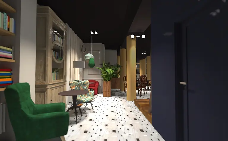 Eklektyczne wnętrze z zielonymi fotelami, drewnianym stołem i roślinami.