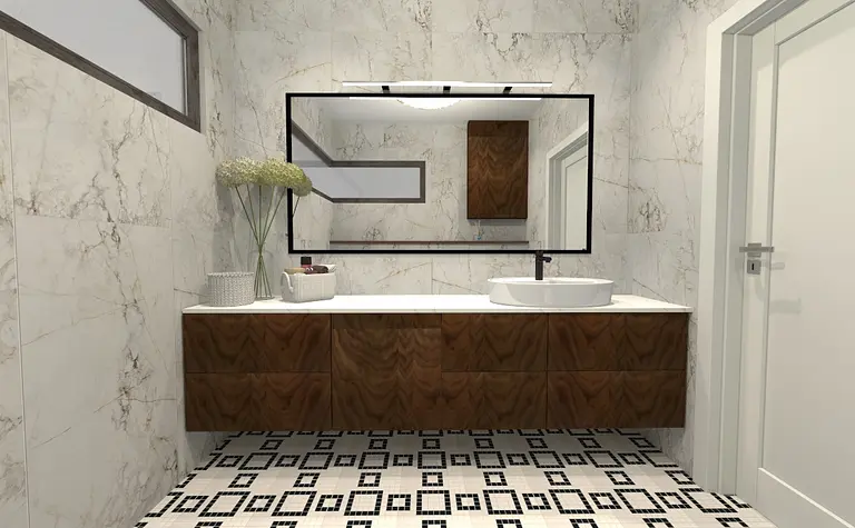 Współczesna łazienka z brązową szafką i białym blatem, z lustrami i kwiatami.
