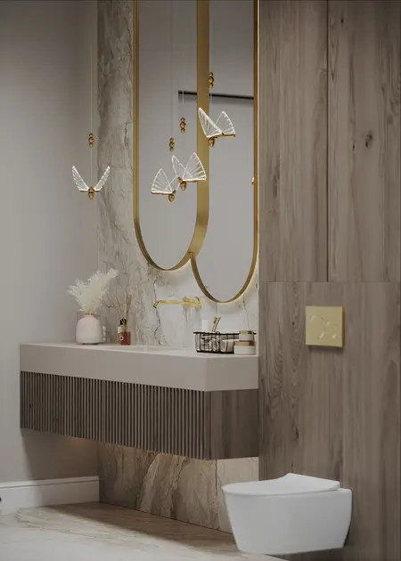 Wnętrze łazienki z drewnianymi elementami i złotymi akcentami, styl quiet luxury.